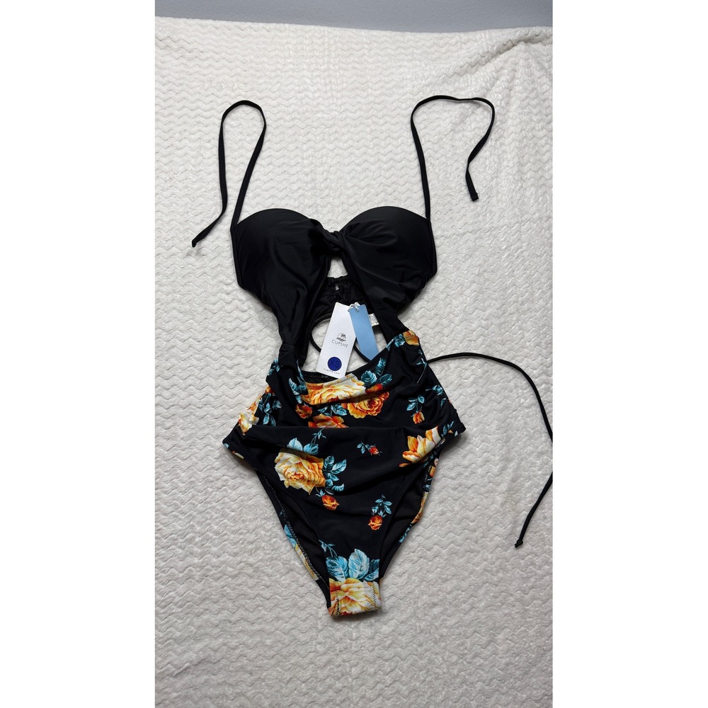 Cupshe Womens Black Floral Cutout Monokini One Piece Swimsuit XS NWT